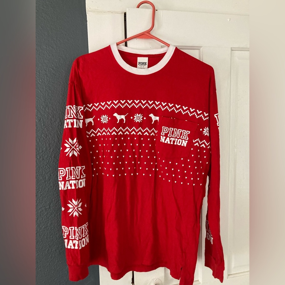 PINK Victoria's Secret Red Long Sleeve Fair Isle Logo Tee
